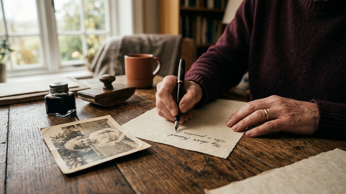 Person som skriver et brev for hånd ved et trebord med et gammelt fotografi ved siden av