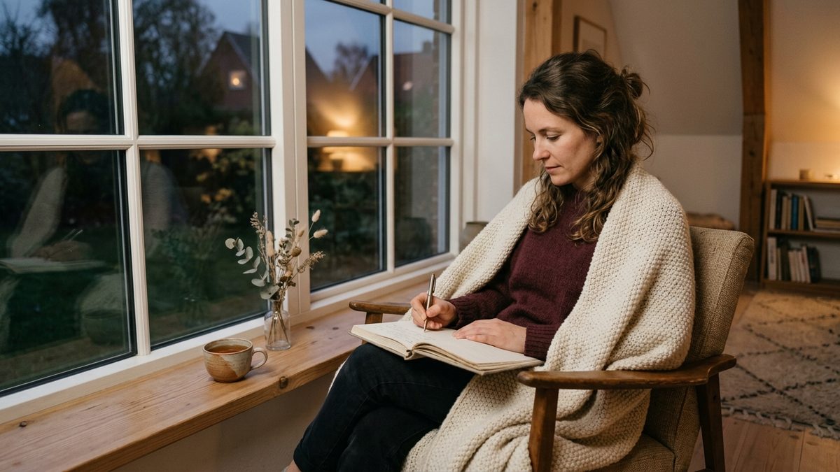 Person som skriver lugnt i en dagbok vid ett fönster i kvällsljus